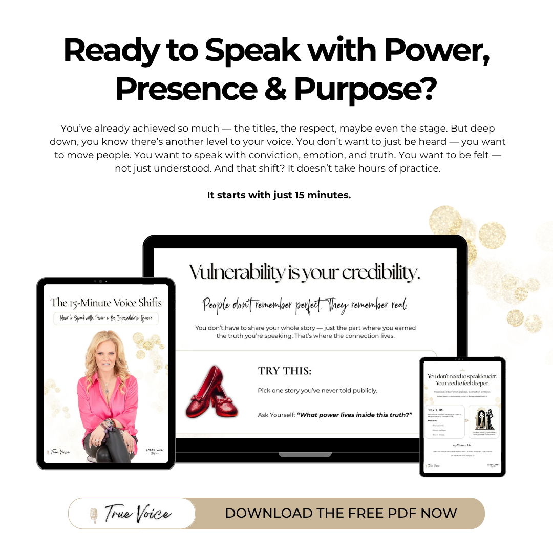 Voice Shifts Promo Square Promotional graphic for The 15-Minute Voice Shifts by Loren Lahav. Text headline: ‘Ready to Speak with Power, Presence & Purpose?’ with visual previews of the guide content and download button that says: ‘Download the Free PDF Now.’ Includes laptop and tablet images showing sample pages